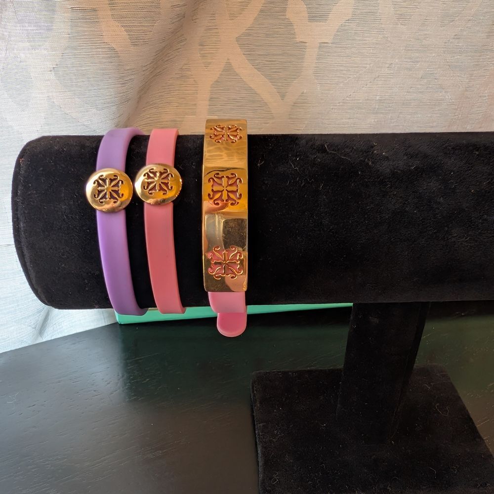 Rustic Cuff Gold, Pink and Purple Silicone Bracelet Set with Elegant Design